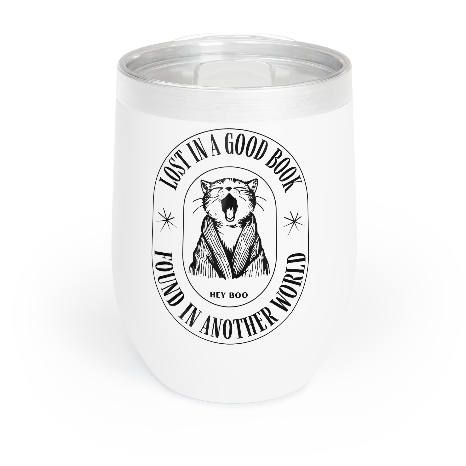 Enjoy your drink as you journey through stories - white wine chill tumbler with a cute cat design that says &quot;lost in a good book, found in another world&quot;