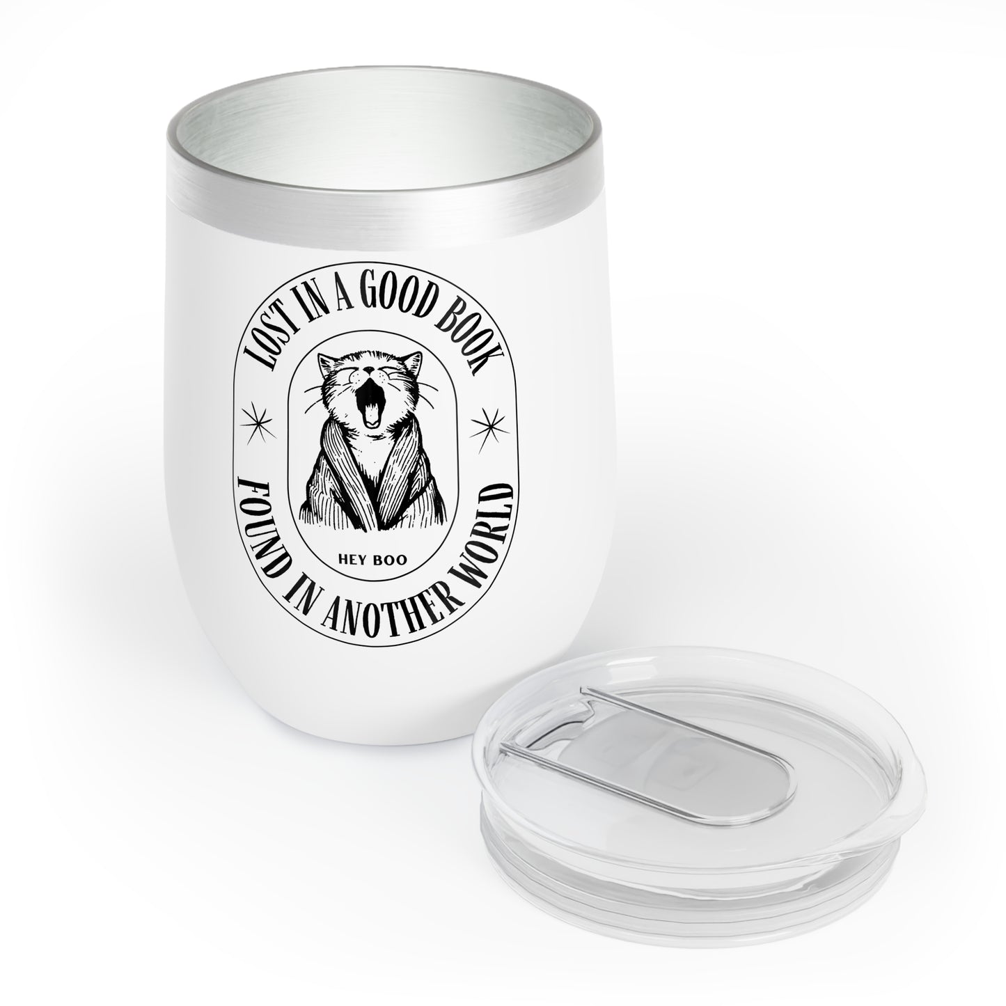 12 ounce adorable white wine chill tumbler with lid that has a cat design and says &quot;lost in a good book, found in another world&quot; - perfect gift for the avid reader in your life.