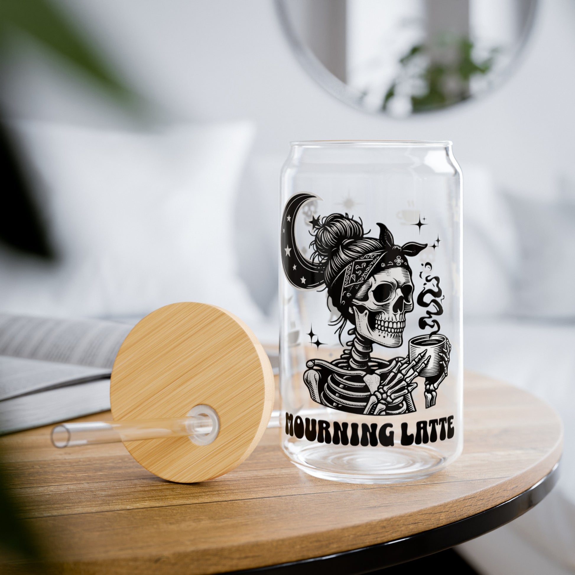 Clear glass sipper cup with straw and lid. "Mourning Latte" designed for those grieving and dealing with loss. 16 ounces