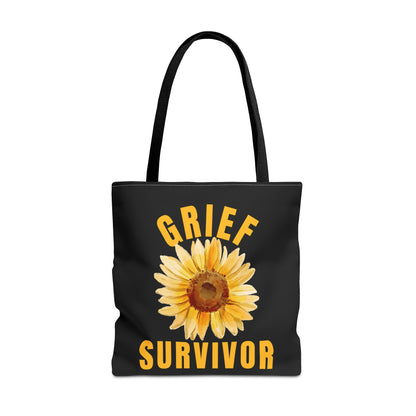 Black Grief Survivor tote bag with a sunflower graphic. 