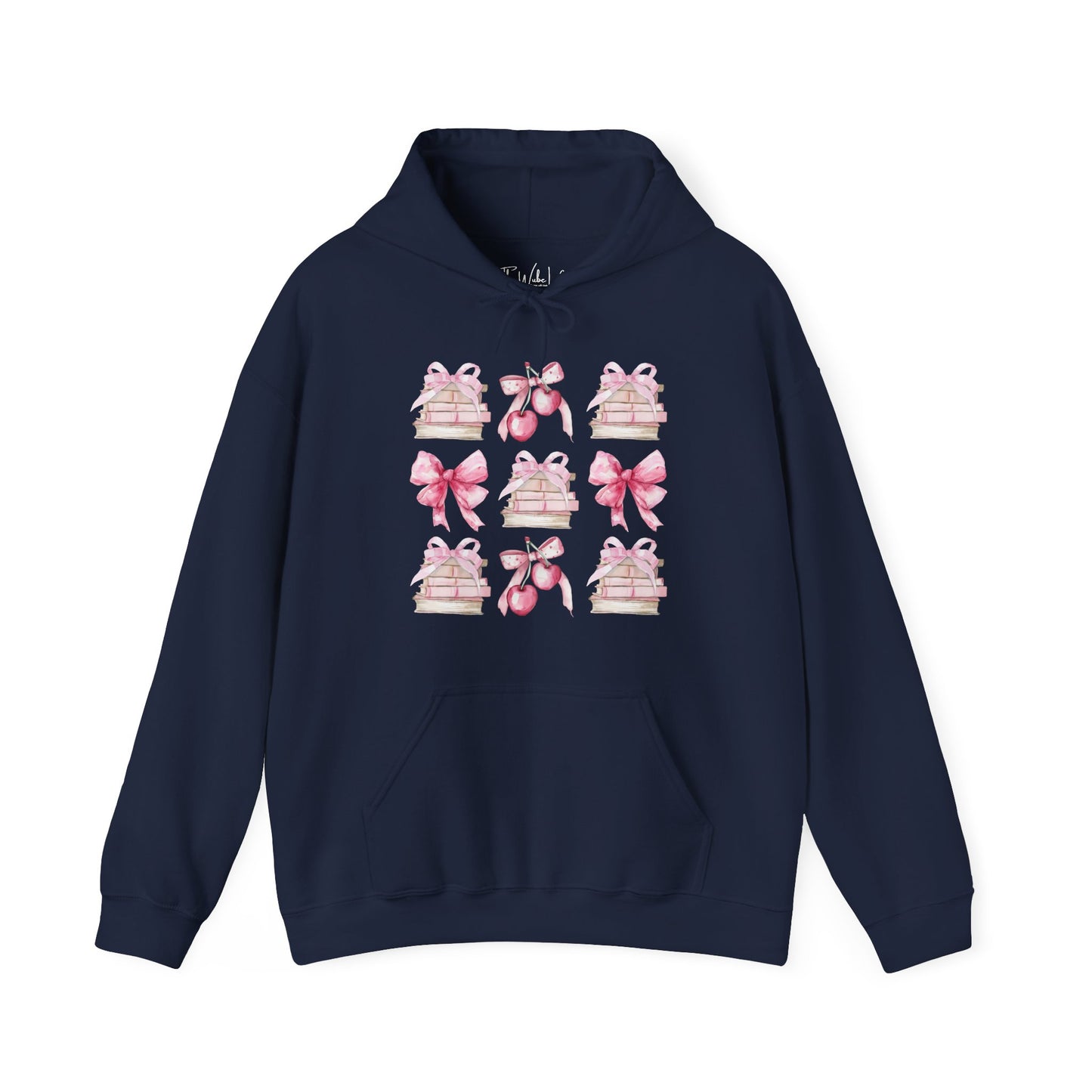 Navy Gildan 18500 Hoodie sweatshirt with a coquette pink design. Filled with books, bows and cherries, it's the perfect gift for the avid reader, book lover, librarian, or English/Reading teacher, student, graduate in your life. Makes a great reading outfit idea.