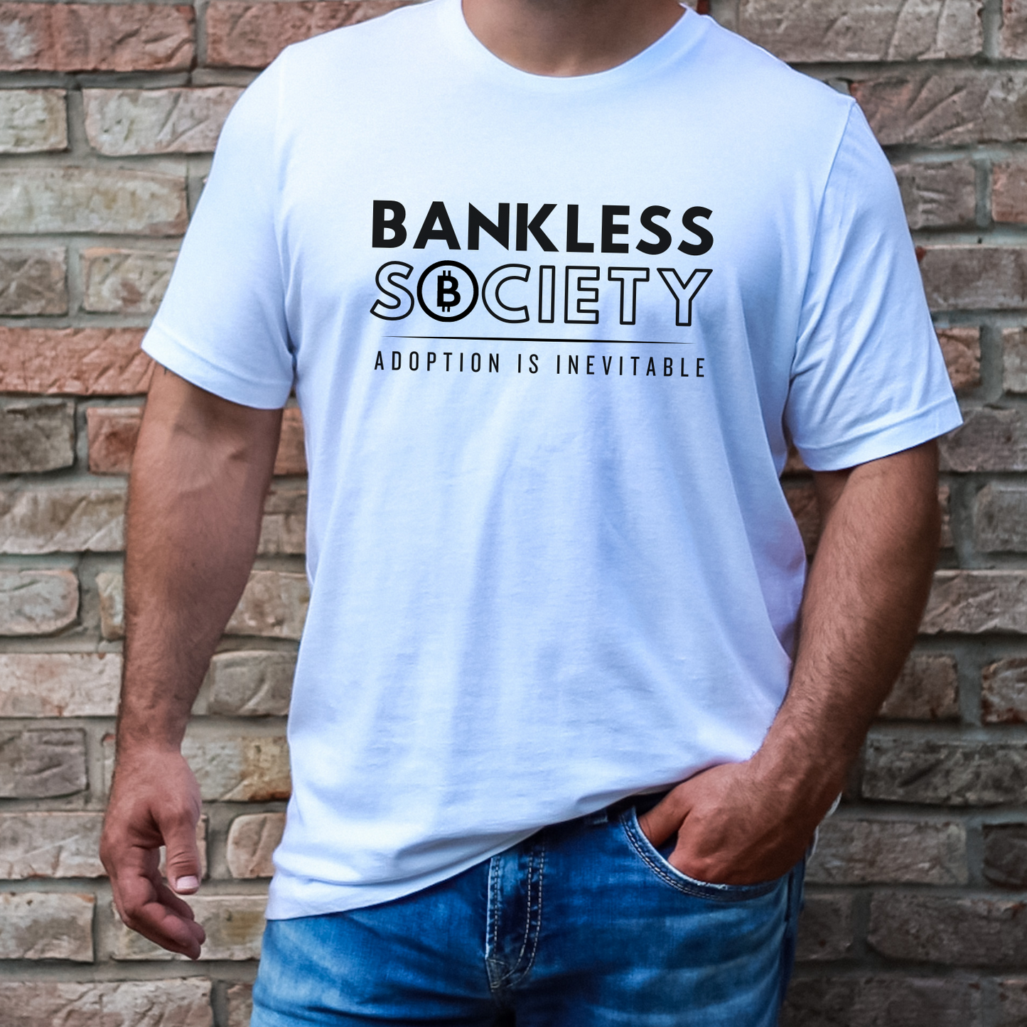 White Bella Canvas t-shirt, spreading the message of digital finance, and the future with a bankless society.