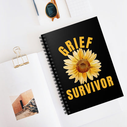 Black background with sunflower graphic and the phrase Grief Survivor notebook. Ideal for a grieving friend, who needs a space to reflect on their loss, express the private feelings and release the emotions pent up inside their grieving heart. 