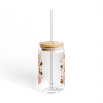 Glass Sipper Cup with Bamboo lid and reusable straw, featuring a retro design and the saying High Time To Legalize. Cute funny gift for progressive liberal friend and family. Unique Christmas stocking stuffer.