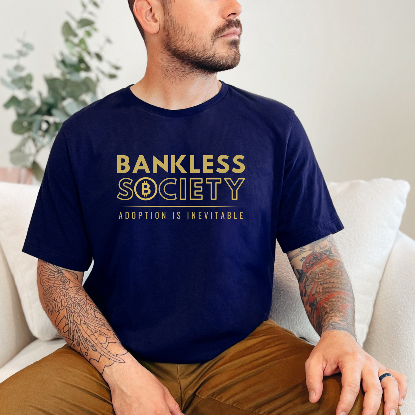 Navy BC 3001 tee, fashion for the future, where we live in a global bankless society.