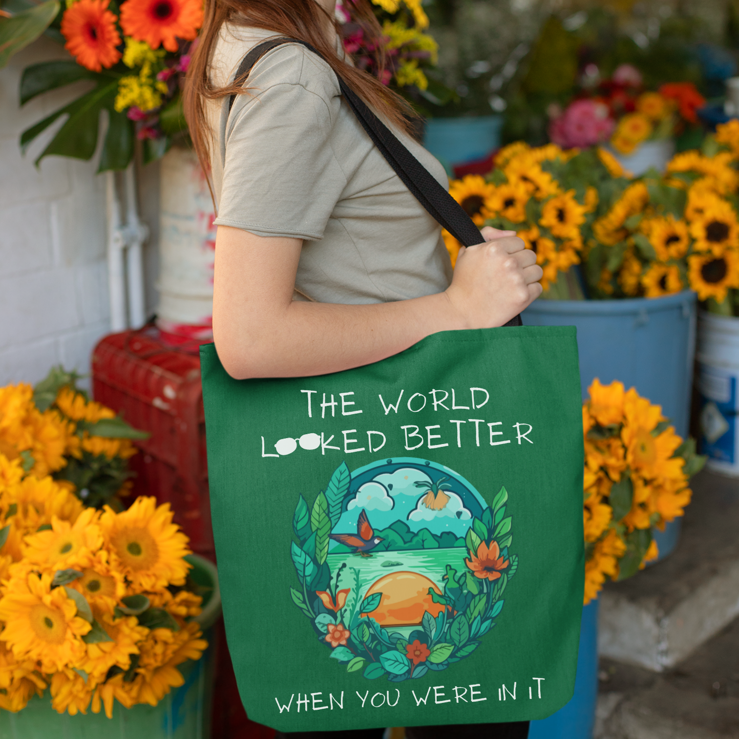 Green "The World Looked Better When You Were In It" Tote Bag. Makes a thoughtful and unique sympathy gift.