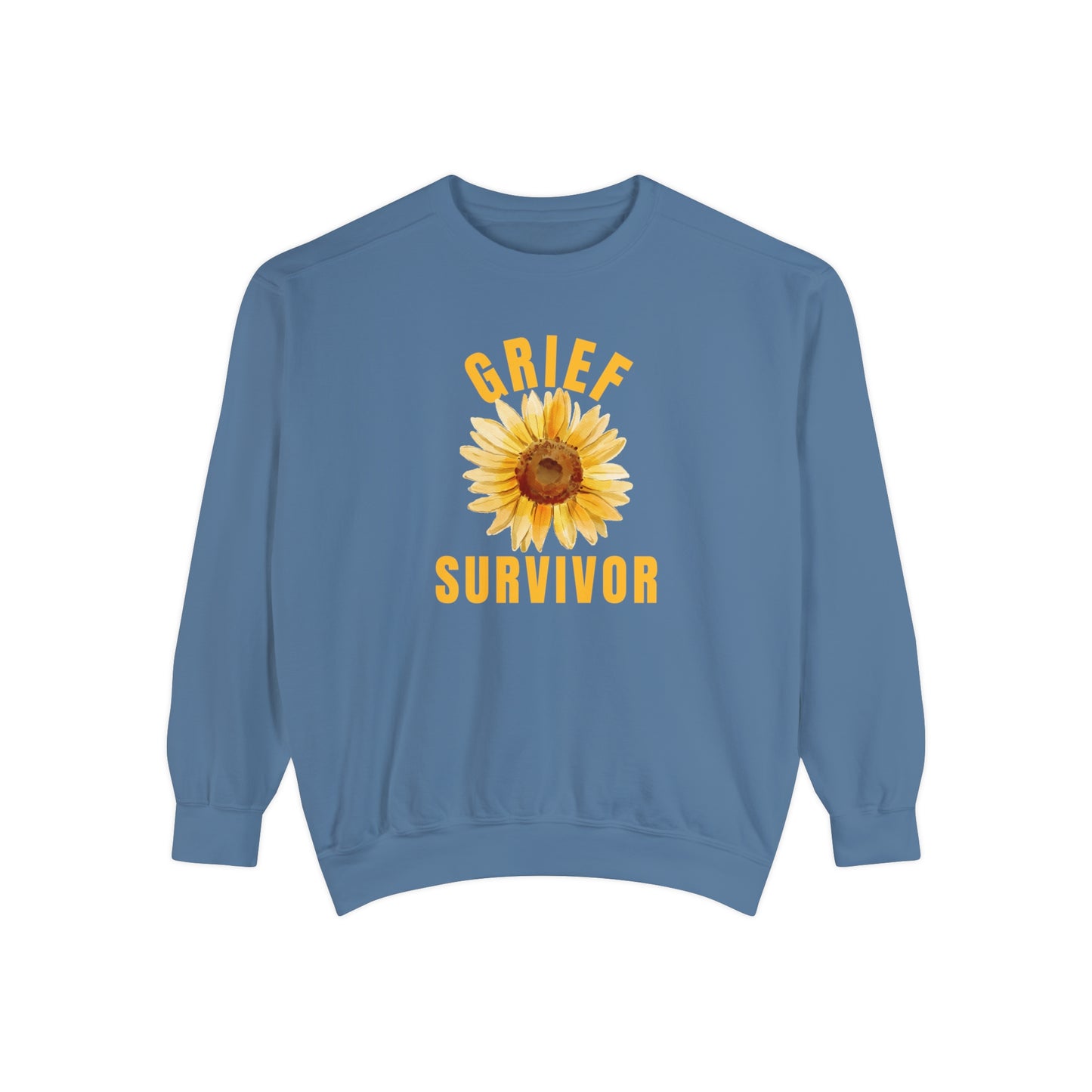 Blue Jean Gildan Comfort Colors Grief Survivor Sunflower Sweatshirt.