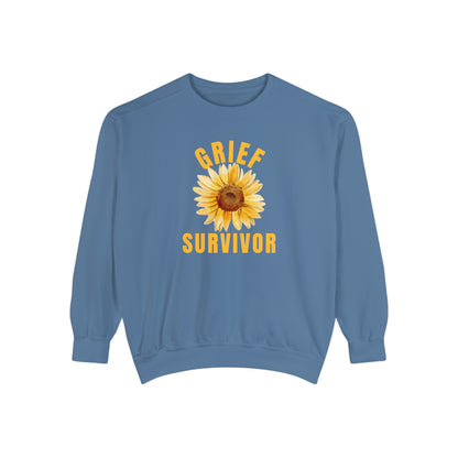 Blue Jean Gildan Comfort Colors Grief Survivor Sunflower Sweatshirt.