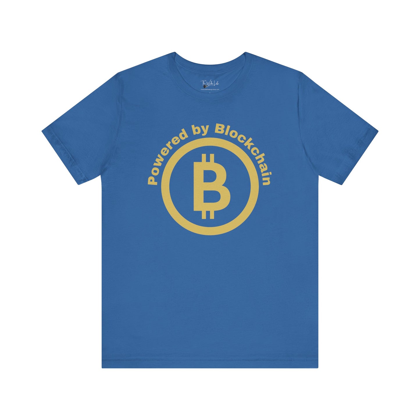 Columbia Blue unisex Bella Canvas 3001 T-shirt that says "Powered by Blockchain" with a large Bitcoin on it. Makes a perfect couples shirt or gift for men or women in finance, crypto currency investors and supporters of Blockchain technology.