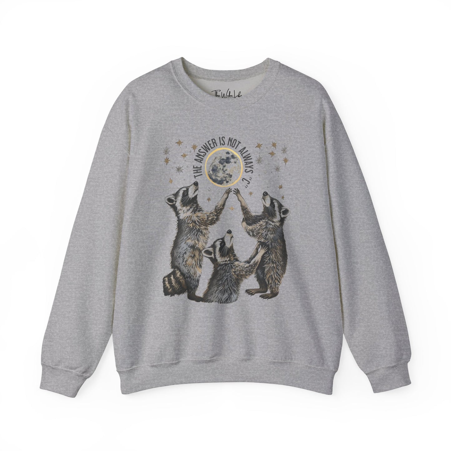 Sport Grey Gildan 18000 Sweatshirt with large raccoon and moon/stars graphic that says "The Answer Is Not Always 'C'" - funny meme crewneck for teachers. Great gift for education grad or major, new teacher, educators, etc. Weird teachers goblincore.