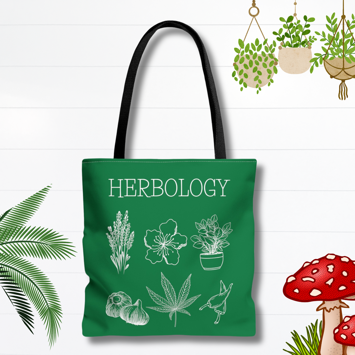 Our magical herbology tote bag is perfect for carrying enchanted plants and spellbooks, it features plants, flowers, and herbs. Bag is green with a black handle.