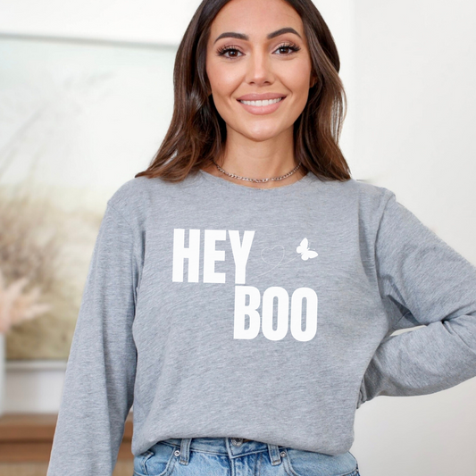 Athletic gray long-sleeve tee for dog enthusiasts, from the Hey Boo collection.
