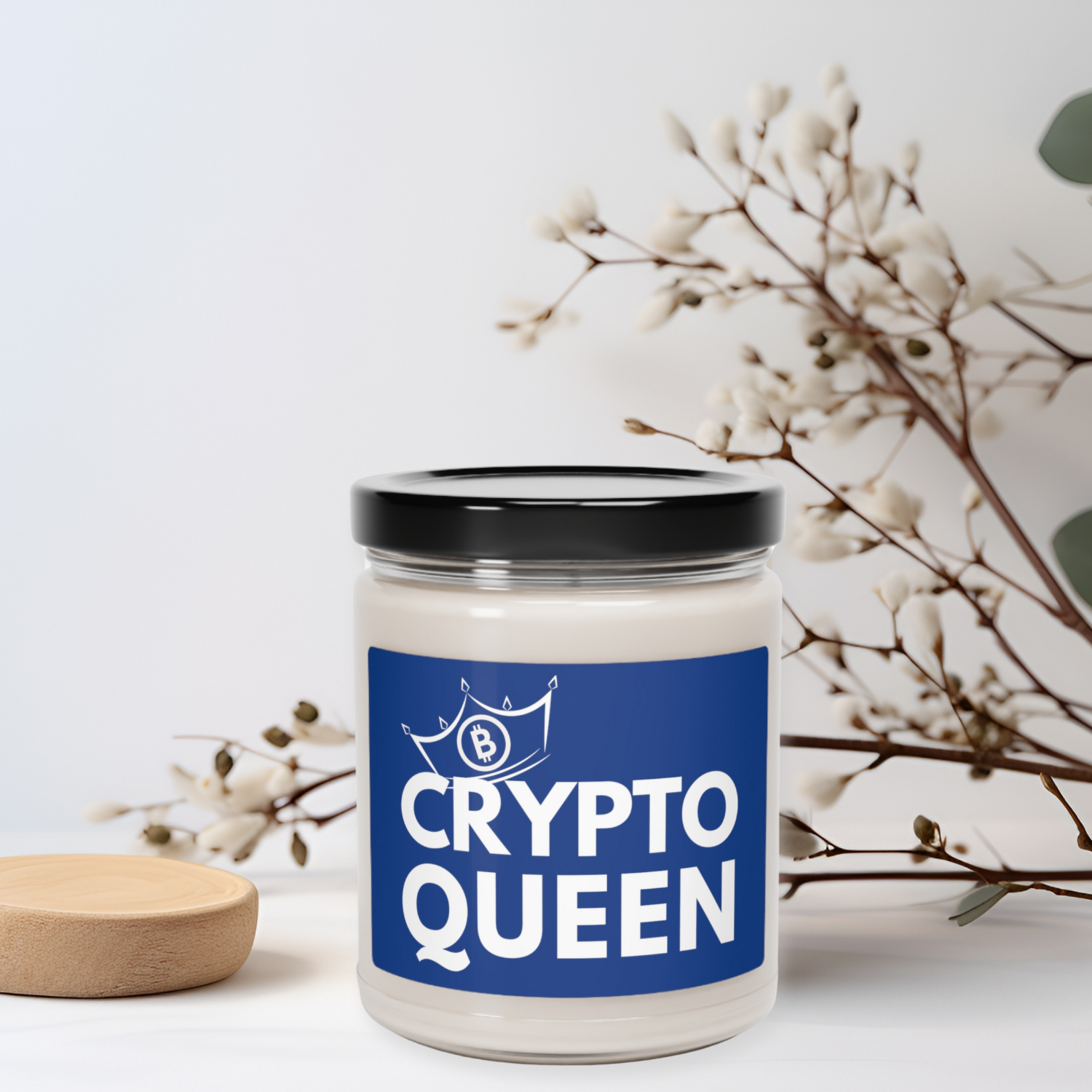 Crypto Queen candle for the digital finance guru in your life. 