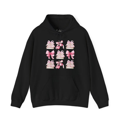 Black Gildan 18500 Hoodie sweatshirt with a coquette pink design. Filled with books, bows and cherries, it's the perfect gift for the avid reader, book lover, librarian, or English/Reading teacher, student, graduate in your life. Makes a great reading outfit idea.