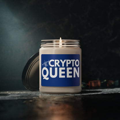 9 oz reusable glass jar candle that says "Crypto Queen" with a Bitcoin crown. Blue Label with white font. Makes a great gift or housewarming present for women in finance, digital banking, and Bitcoin/Crypto Currency enthusiasts.