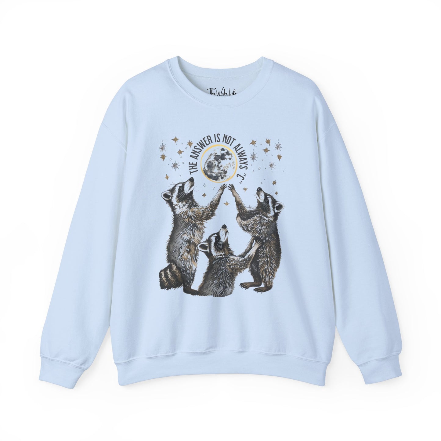 Light Blue Gildan 18000 Sweatshirt with large raccoon and moon/stars graphic that says "The Answer Is Not Always 'C'" - funny meme crewneck for teachers. Great gift for education grad or major, new teacher, educators, etc. Weird teachers goblincore.