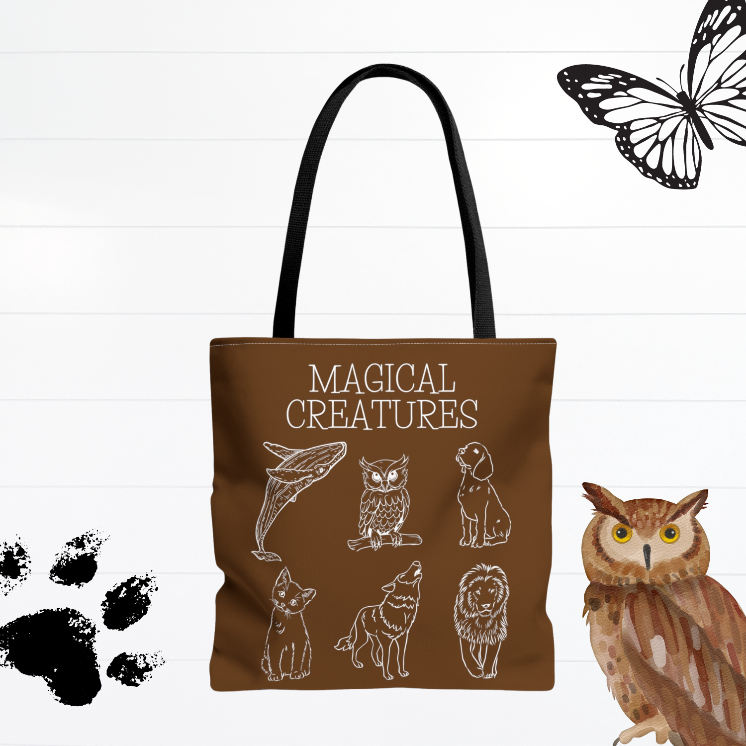 Magical Creatures tote bag, available in 3 sizes. Brown earth-tone background to inspire thoughts of nature. 