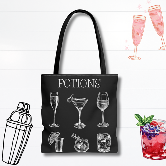 Black Potions Tote Bag from our Magical Studies Collection. Available in 3 sizes to hold all your magical books and supplies. 