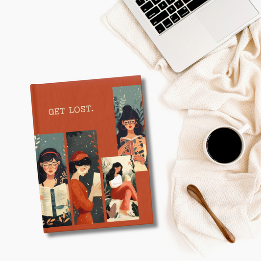 Get Lost hardcover reading journal with cute, trendy girl reading books. The Back cover says "The End." In a beautiful shade of orange, pages are lined and blank so you can fill this notebook with thoughts, lists, notes and reviews. Perfect gift for reading lover, bibliophile, college student, teacher, and avid readers.