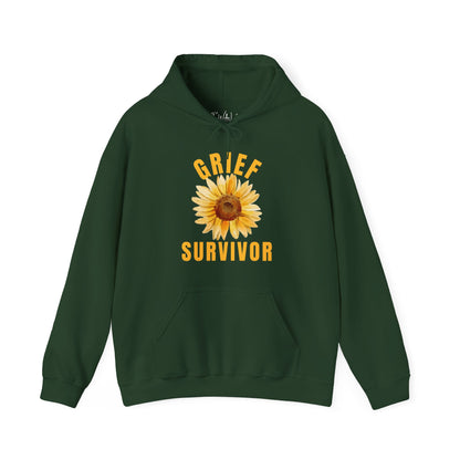 Forest Green Gildan 18500 Hooded sweatshirt. "Grief Survivor" hoodie with a sunflower design to show strength and renewal after loss.