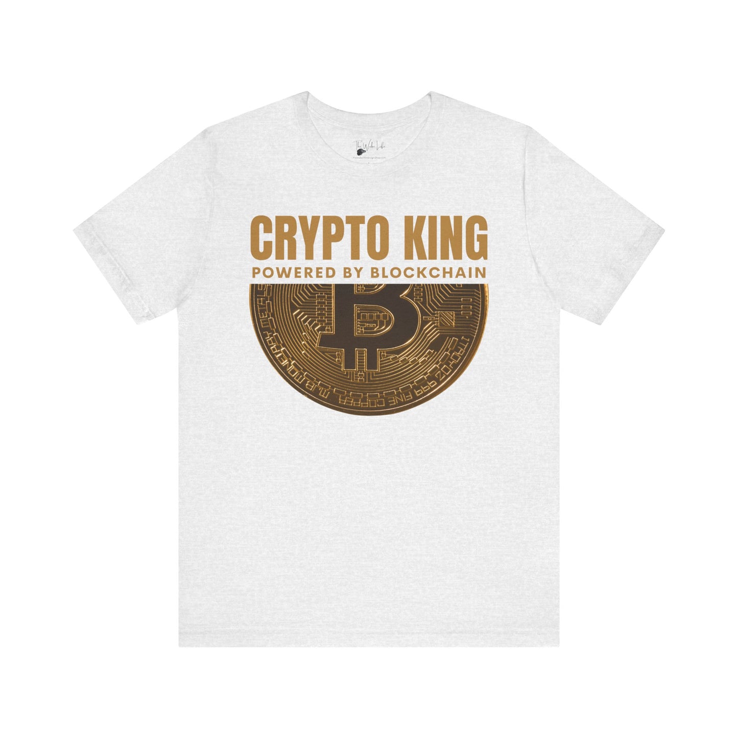 Ash Crypto King Bella Canvas 3001 T-shirt with a large gold Bitcoin graphic - "Powered By Blockchain". Perfect gift for men in finance, crypto currency investors, team Satoshi and Saylor supporters, anyone who believes the future of banking is in digital currency.