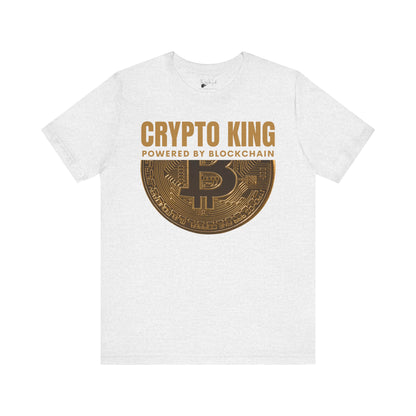 Ash Crypto King Bella Canvas 3001 T-shirt with a large gold Bitcoin graphic - "Powered By Blockchain". Perfect gift for men in finance, crypto currency investors, team Satoshi and Saylor supporters, anyone who believes the future of banking is in digital currency.