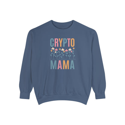 Crypto Mama Comfort Colors 1566 sweatshirt in color denim designed for mothers who support bitcoin and digital currencies.