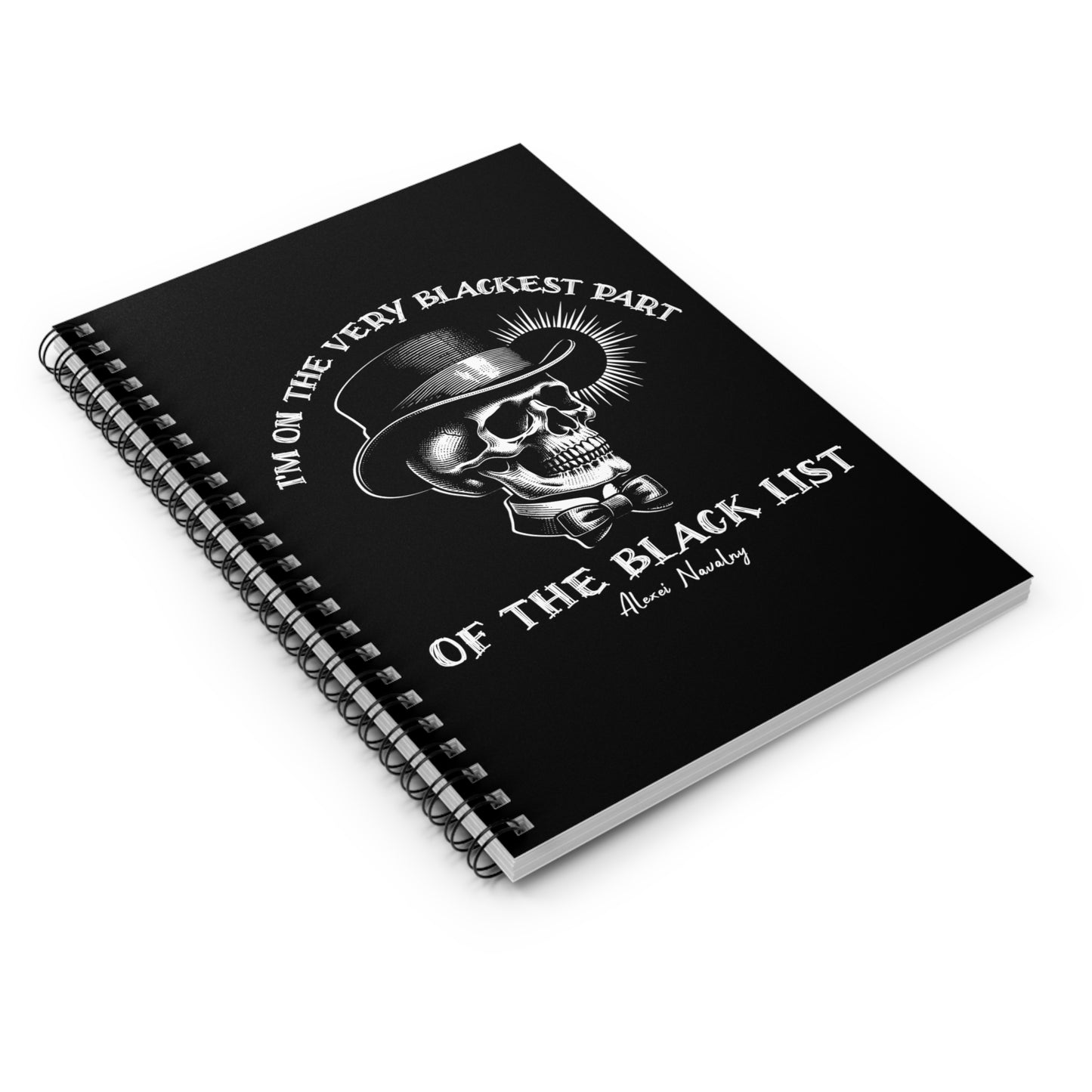 School, work, or personal notebook with trendy skull design and quote from Alexei Navalny "I'm on the very blackest part of the black list"
