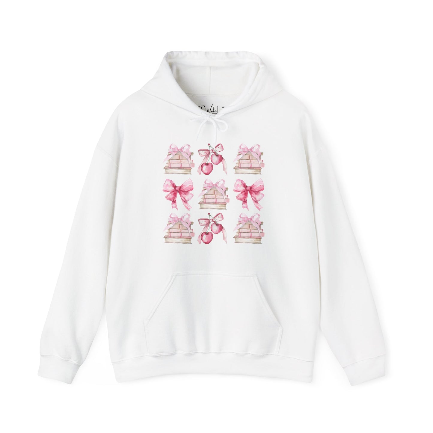 White Gildan 18500 Hoodie sweatshirt with a coquette pink design. Filled with books, bows and cherries, it's the perfect gift for the avid reader, book lover, librarian, or English/Reading teacher, student, graduate in your life. Makes a great reading outfit idea.