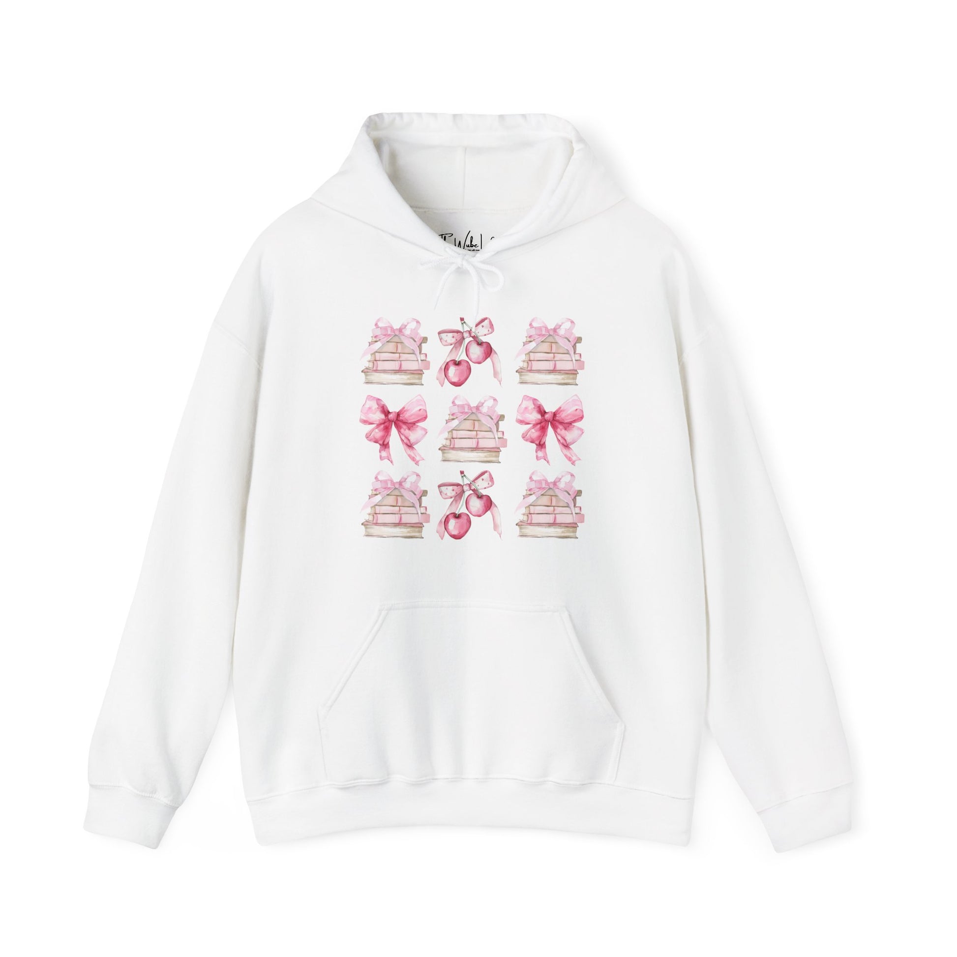 White Gildan 18500 Hoodie sweatshirt with a coquette pink design. Filled with books, bows and cherries, it's the perfect gift for the avid reader, book lover, librarian, or English/Reading teacher, student, graduate in your life. Makes a great reading outfit idea.