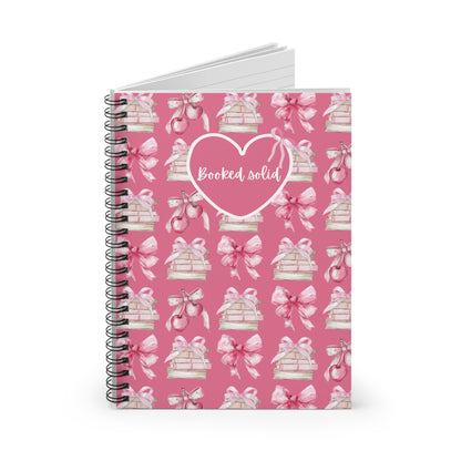 "Booked Solid" coquette style spiral notebook for reading lover, writer, bibliophile. Perfect for school notes, shopping lists, to be read lists, and so much more. Makes a great gift for avid readers, teachers and librarians.