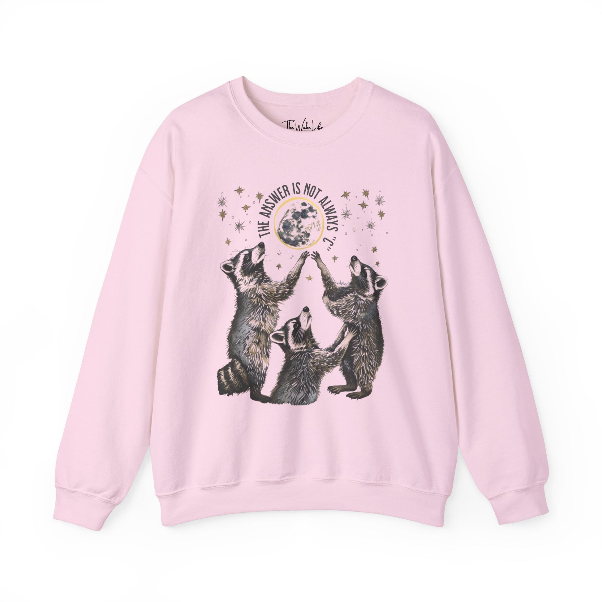 Light Pink Gildan 18000 Sweatshirt with large raccoon and moon/stars graphic that says "The Answer Is Not Always 'C'" - funny meme crewneck for teachers. Great gift for education grad or major, new teacher, educators, etc. Weird teachers goblincore.