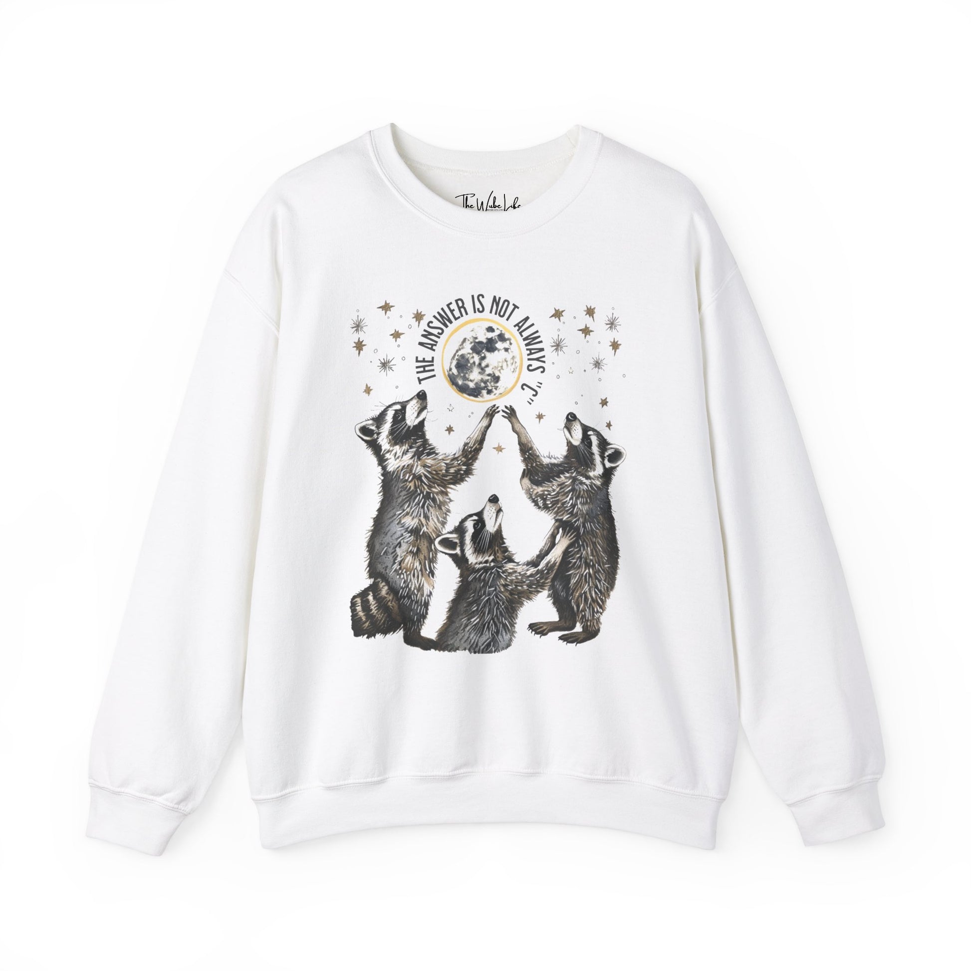 White Gildan 18000 Sweatshirt with large raccoon and moon/stars graphic that says "The Answer Is Not Always 'C'" - funny meme crewneck for teachers. Great gift for education grad or major, new teacher, educators, etc. Weird teachers goblincore.