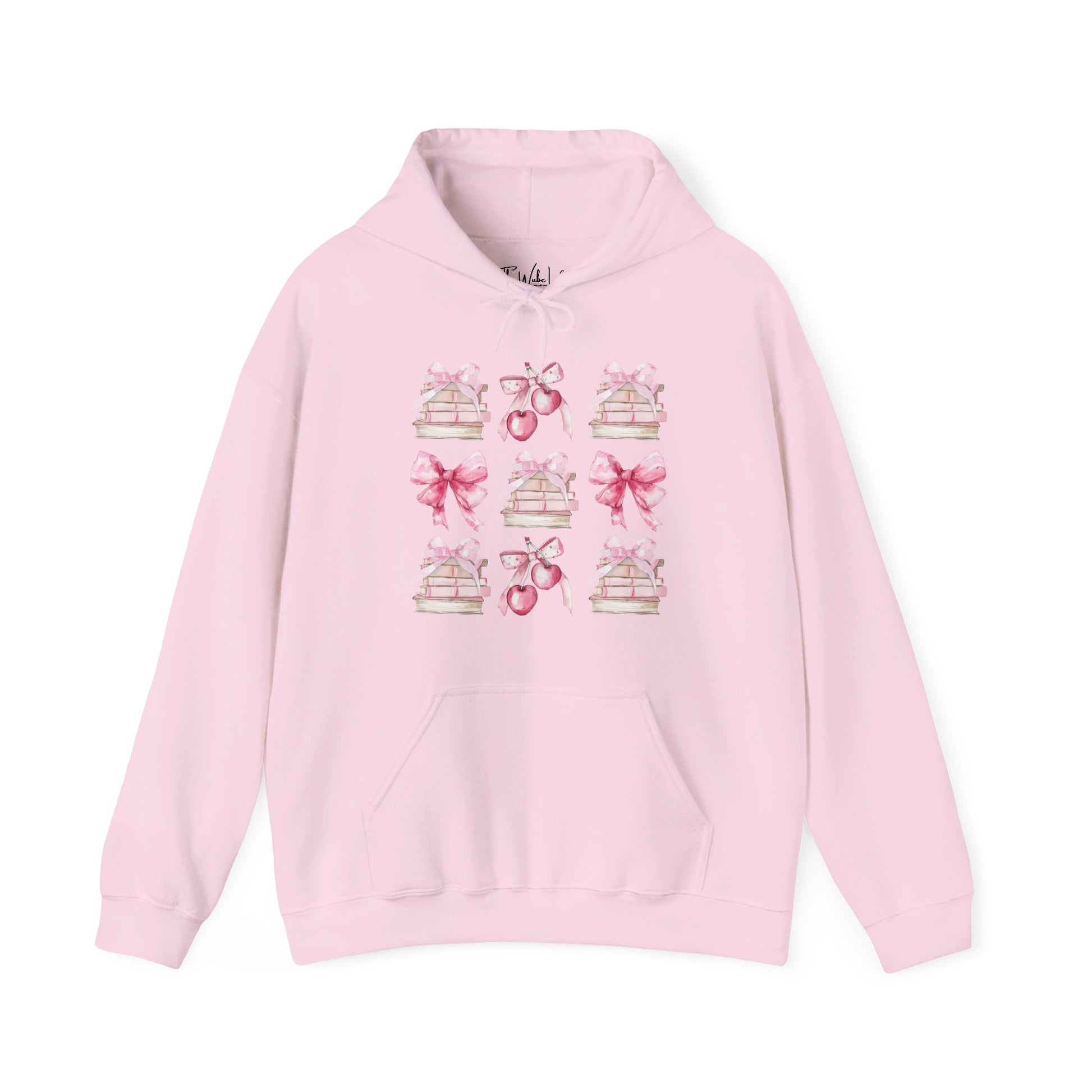 Light Pink Gildan 18500 Hoodie sweatshirt with a coquette pink design. Filled with books, bows and cherries, it's the perfect gift for the avid reader, book lover, librarian, or English/Reading teacher, student, graduate in your life. Makes a great reading outfit idea.