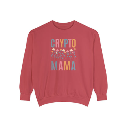Crypto Mama Comfort Colors 1566 sweatshirt in color crimson designed for moms in digital finance.