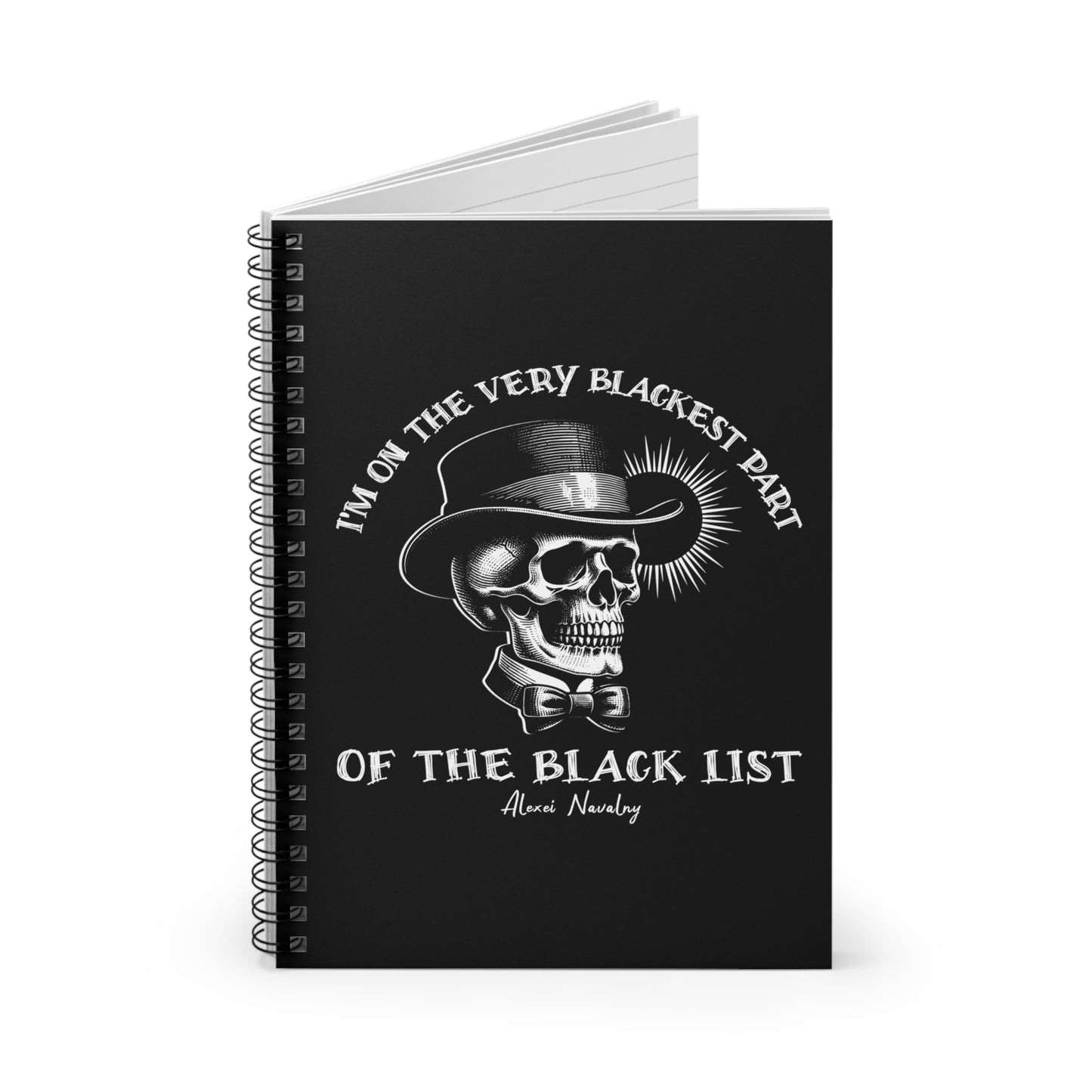Black spiral notebook that pays tribute to those who resist oppression and strive for truth. Features Navalny quote "I'm on the very blackest part of the black list"