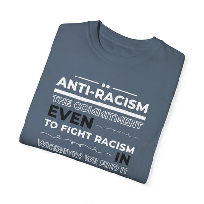 Blue Jean-colored anti-racism commitment t-shirt.