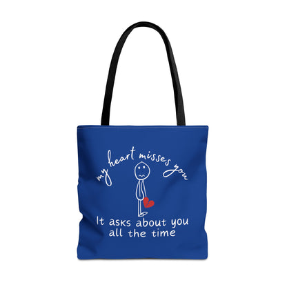 This navy tote bag is a loving tribute to lost love, providing a compassionate message for you to carry during simple errands, or when dealing with the unpleasant details of handling important documents following a death. 