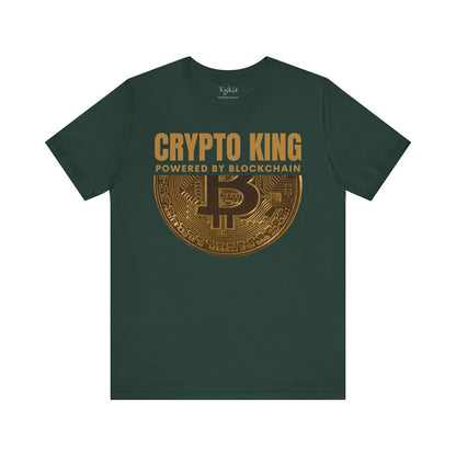 Forest Crypto King Bella Canvas 3001 T-shirt with a large gold Bitcoin graphic - "Powered By Blockchain". Perfect gift for men in finance, crypto currency investors, team Satoshi and Saylor supporters, anyone who believes the future of banking is in digital currency.