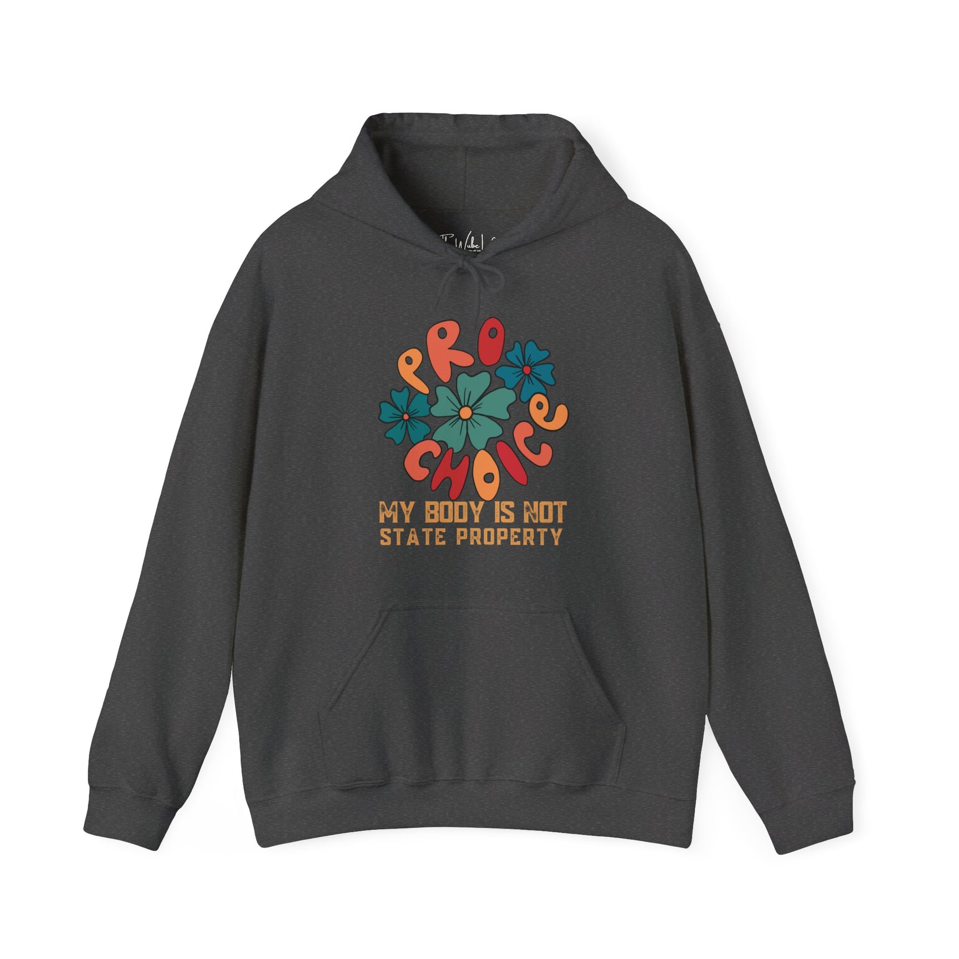 Dark heather hooded sweatshirt for planned parenthood advocate