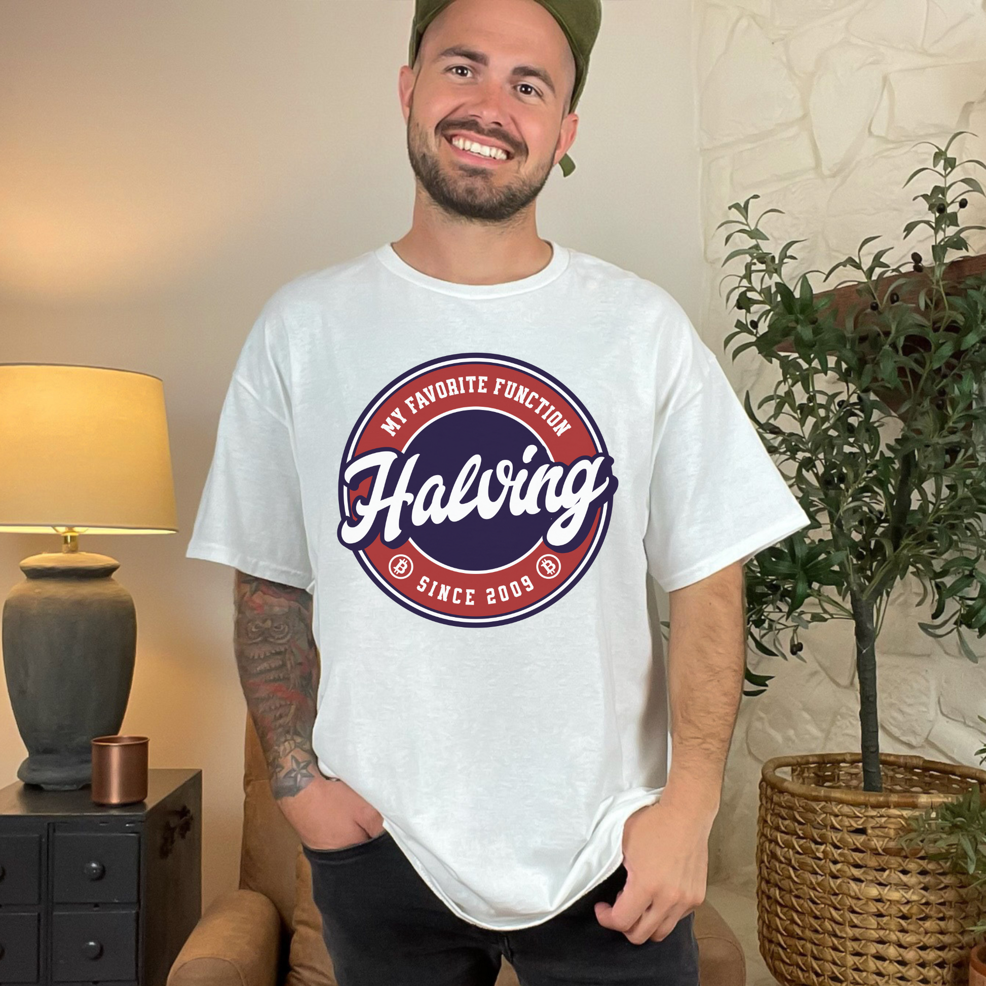 White unisex Comfort Colors 1717 T-shirt that says "Halving is my favorite function - since 2009". This t-shirt supports digital currency and the future of banking and blockchain. It makes a great gift for bitcoin enthusiasts, team Saylor investors, and other crypto currency lovers.