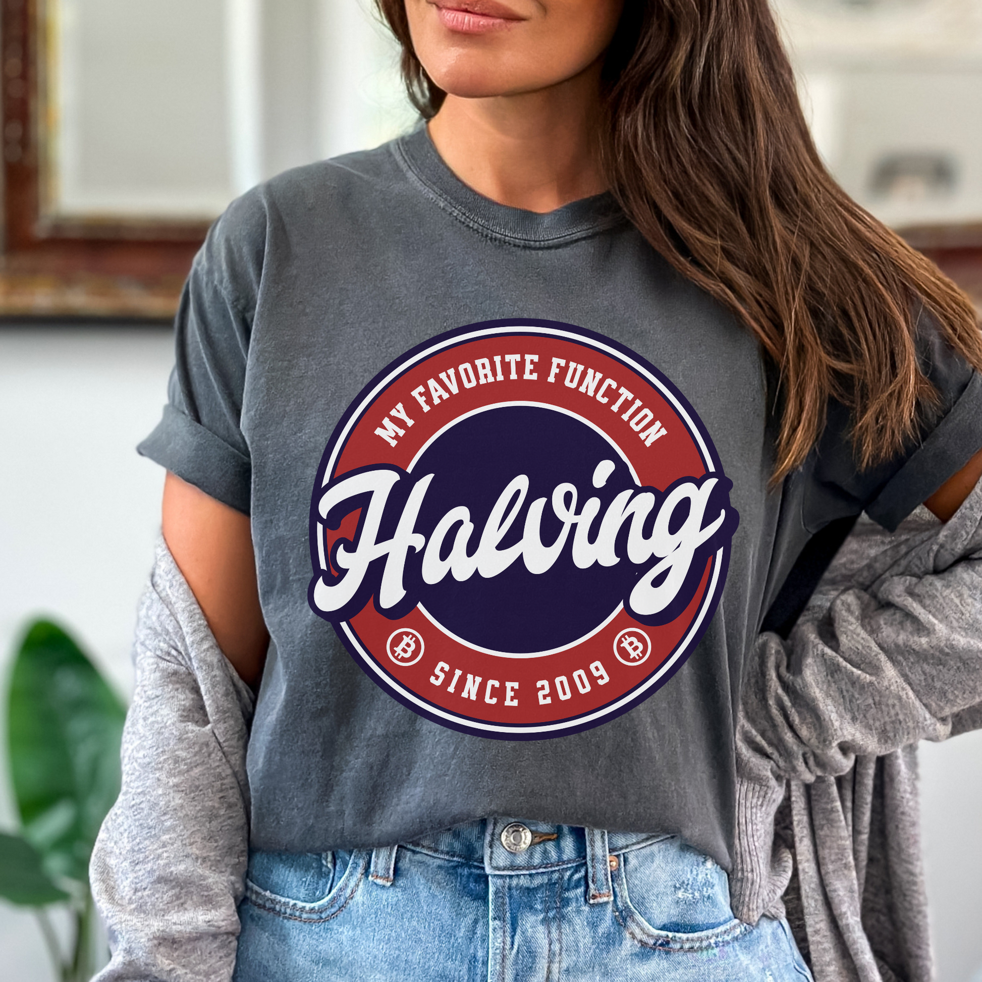 Pepper unisex Comfort Colors 1717 T-shirt that says "Halving is my favorite function - since 2009". This t-shirt supports digital currency and the future of banking and blockchain. It makes a great gift for bitcoin enthusiasts, team Saylor investors, and other crypto currency lovers.