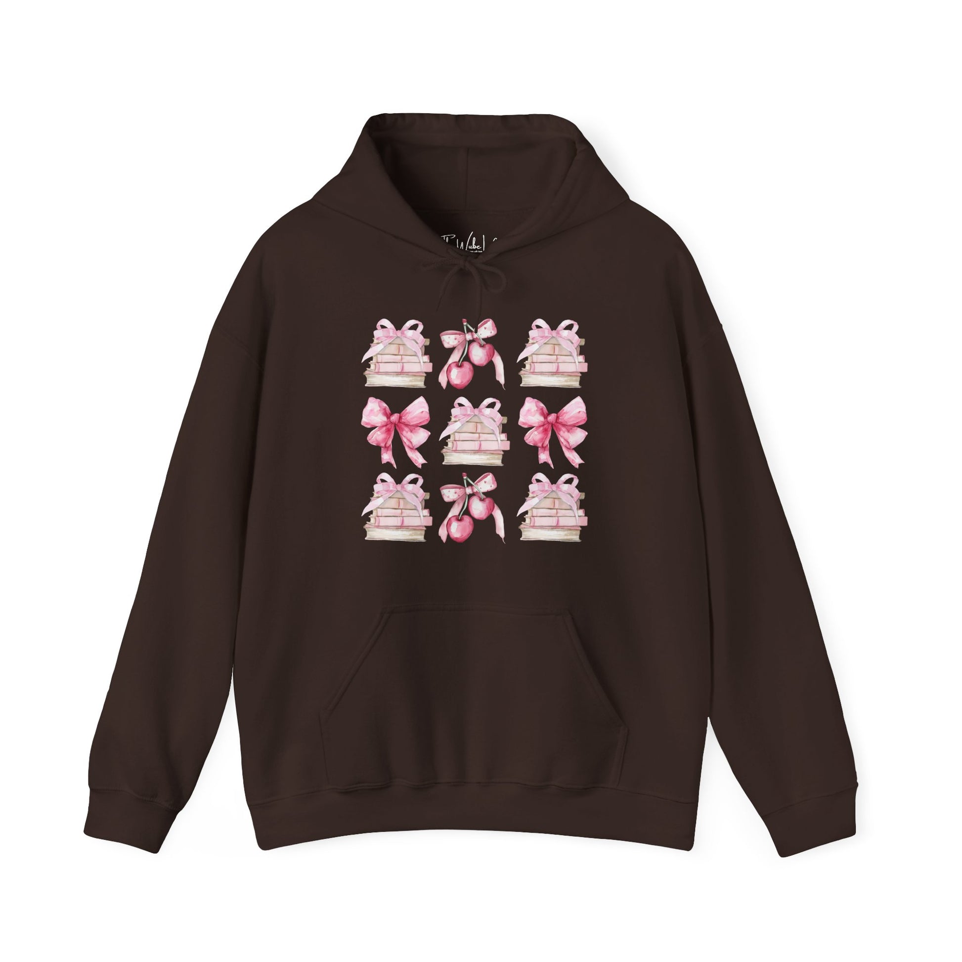 Dark Chocolate Gildan 18500 Hoodie sweatshirt with a coquette pink design. Filled with books, bows and cherries, it's the perfect gift for the avid reader, book lover, librarian, or English/Reading teacher, student, graduate in your life. Makes a great reading outfit idea.