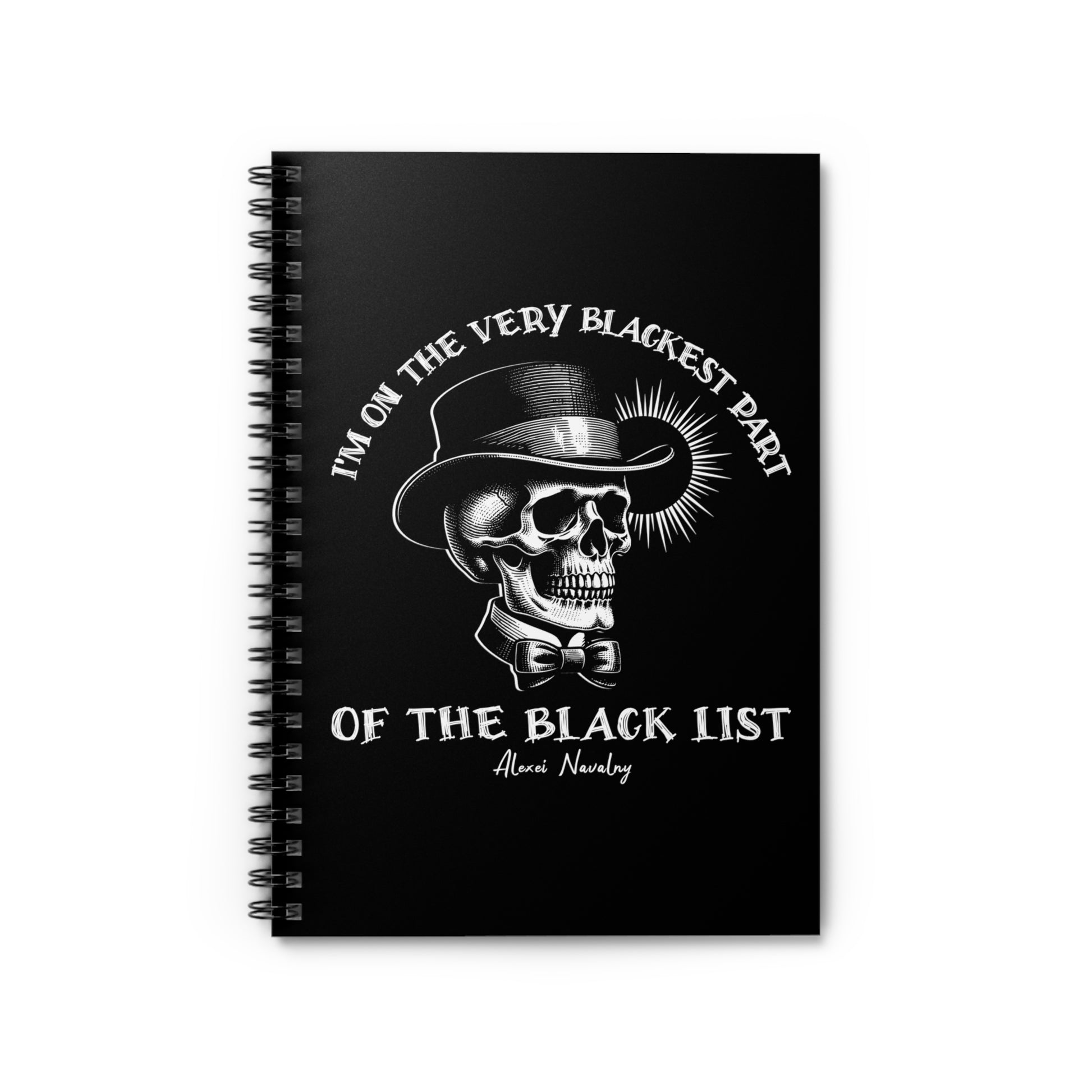 Black spiral notebook with skull design and Navalny quote that makes the perfect gift for students, writers, readers, and advocates fighting against injustice.
