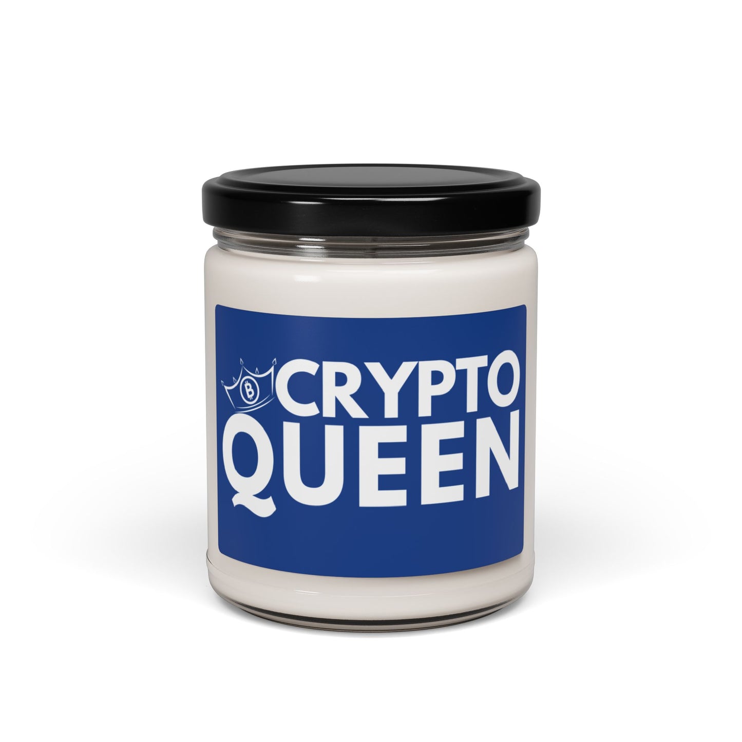 9 oz reusable glass jar candle that says "Crypto Queen" with a Bitcoin crown. Blue Label with white font. Makes a great gift or housewarming present for women in finance, digital banking, and Bitcoin/Crypto Currency enthusiasts.