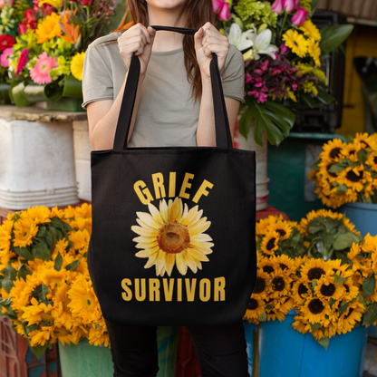This black Grief Survivor tote bag makes a unique and thoughtful gift for any friend going through the loss of a loved one. Comes in 3 useful sizes, and provides an encouraging message during the difficult period of grief. 