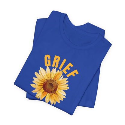Royal Blue Bella Canvas 3001 t-shirt. Grief Survivor message with sunflower design.