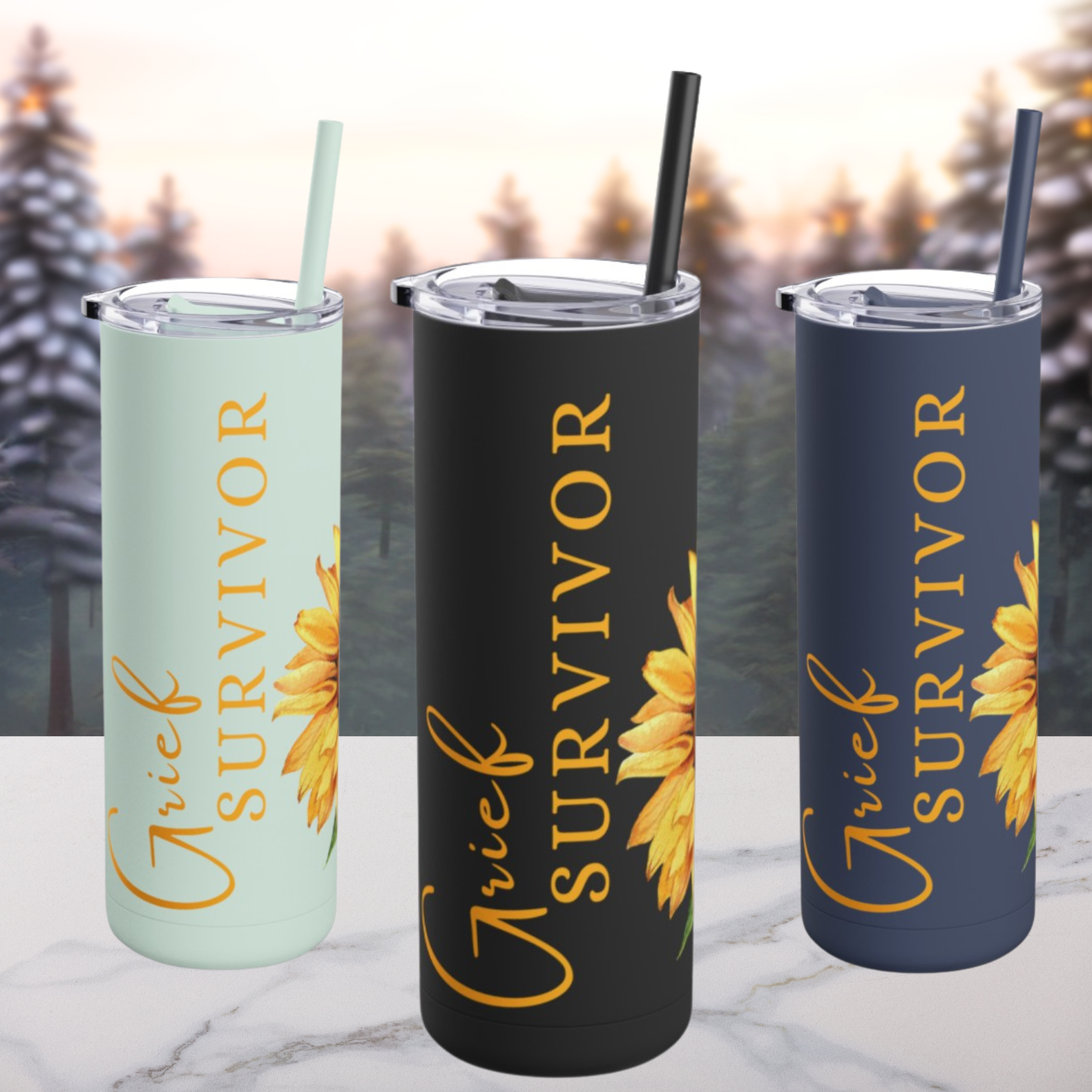 Available in 3 colors, this Grief Survivor Sunflower design 20 oz tumbler makes the perfect sympathy gift. 