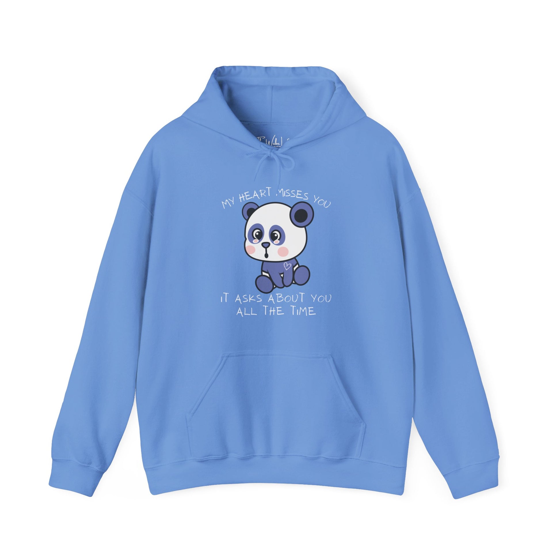 Carolina Blue Gildan 18500 Hooded Sweatshirt. Embracing memories of a lost loved one - comfort during grief. "My heart misses you, it asks about you all the time" quote with a lonely teddy bear.