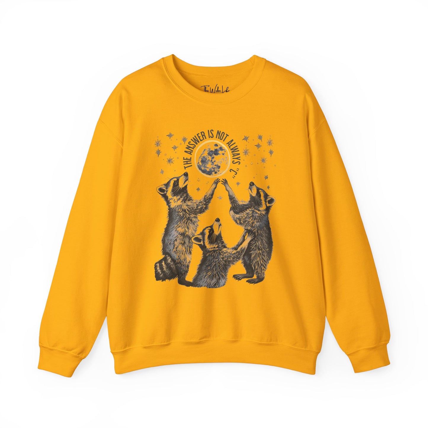 Gold Gildan 18000 Sweatshirt with large raccoon and moon/stars graphic that says "The Answer Is Not Always 'C'" - funny meme crewneck for teachers. Great gift for education grad or major, new teacher, educators, etc. Weird teachers goblincore.